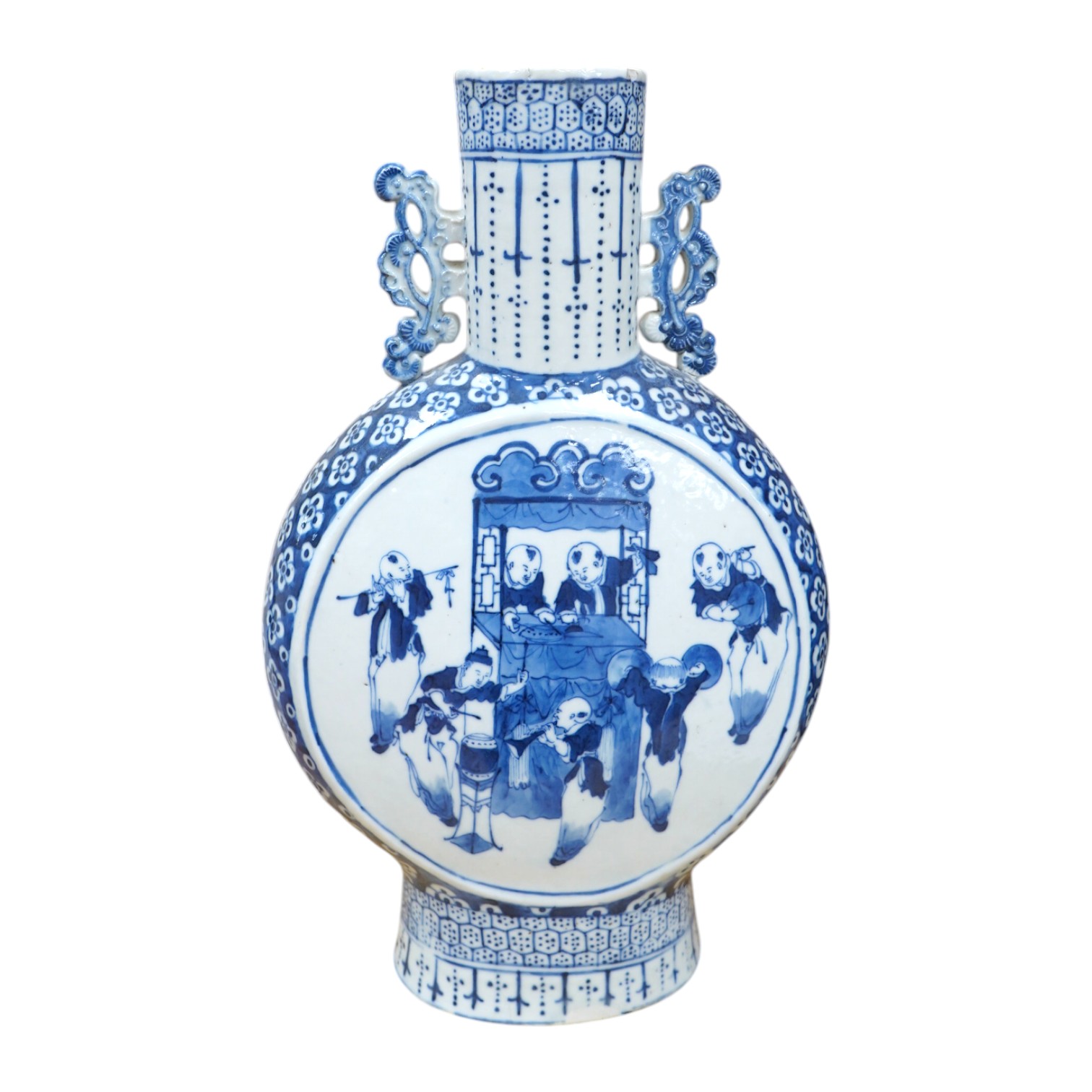 A Chinese blue and white moon flask, 36.5cm high. Condition fair, chips and hairline crack to the rim